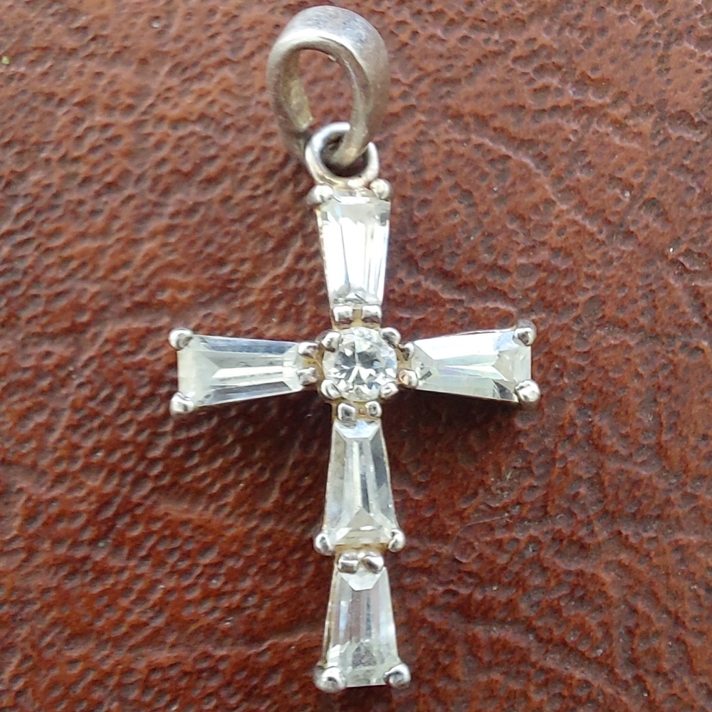 Silver-Tone CZ Cross Pendant w/ Baguette & Round Stones | Marked .925 (Plated/Ma